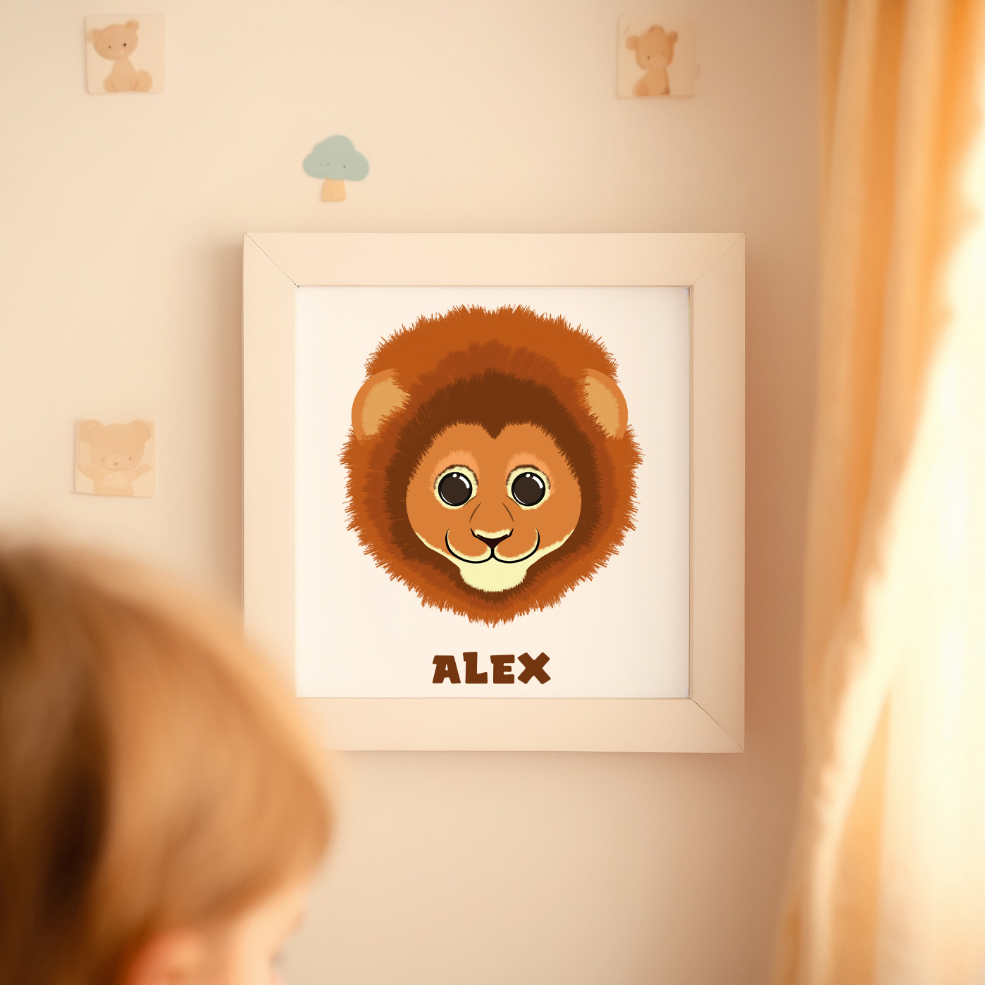 High-resolution stock photo Soft, dreamy atmosphere. Close-up of a small, thin-edged, white square frame on a well-decorated child's room wal Illustration d’un zèbre de la collection Doudounimaux, faisant une grimace amusante avec un regard espiègle.