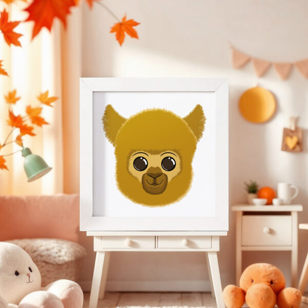 Illustration d’un lama souriant dans un cadre blanc, posé dans une chambre d’enfant.