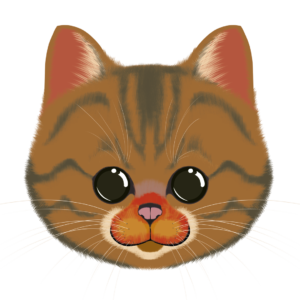 Illustration d’un chat de la collection Doudounimaux, avec un sourire doux et un regard espiègle.