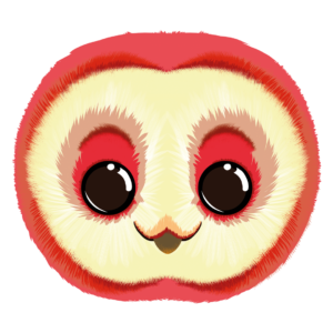 Illustration d’une chouette de la collection Doudounimaux, avec un sourire sage et un regard curieux.