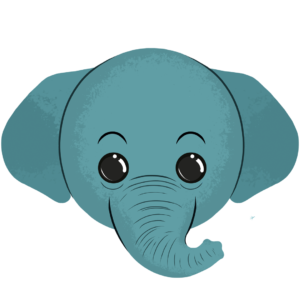 Illustration d’un éléphant de la collection Doudounimaux, avec un sourire bienveillant et un regard doux et serein.