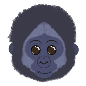 Illustration d’un gorille de la collection Doudounimaux, affichant un large sourire apaisant et un regard bienveillant.