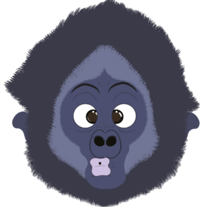 Illustration d’un gorille de la collection Doudounimaux, faisant une grimace amusante avec un regard espiègle.