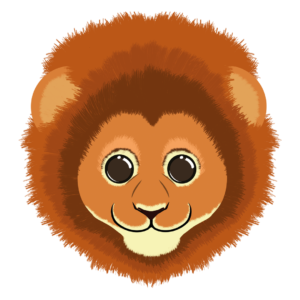 Illustration d’un lion de la collection Doudounimaux, avec un sourire confiant et une crinière majestueuse.
