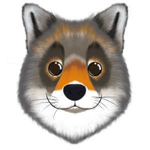 Illustration d’un loup de la collection Doudounimaux, avec un sourire malicieux et un regard à la fois doux et mystérieux.