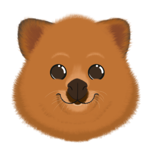 Illustration d’un quokka de la collection Doudounimaux, affichant un sourire large et un regard amical.