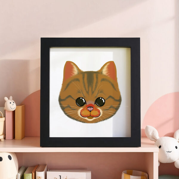 Illustration d’un chat souriant dans un cadre noir, posé dans une chambre d’enfant.