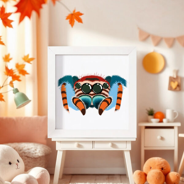 Illustration d’une araignée souriante dans un cadre blanc, posé dans une chambre d’enfant.