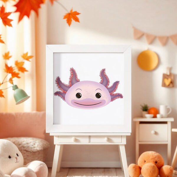 Illustration d’un axololt souriant dans un cadre blanc, posé dans une chambre d’enfant.