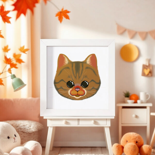 Illustration d’un chat souriant dans un cadre blanc, posé dans une chambre d’enfant.