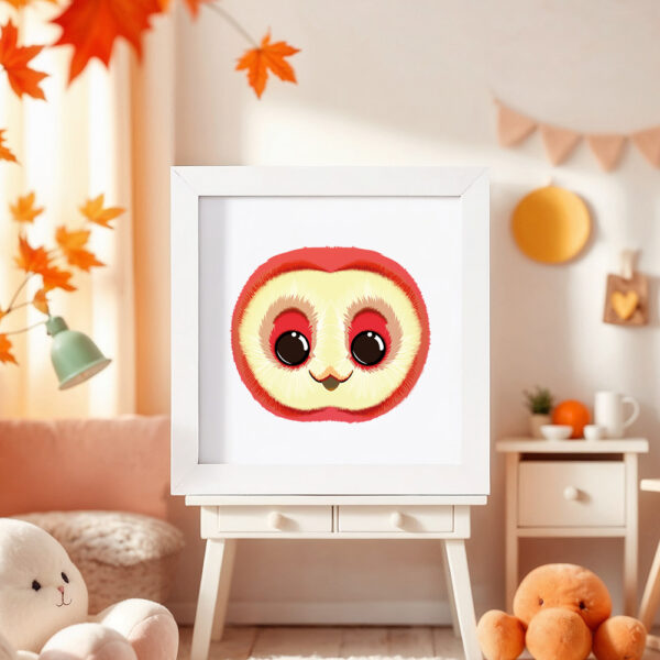 Illustration d’une chouette souriante dans un cadre blanc, posé dans une chambre d’enfant.