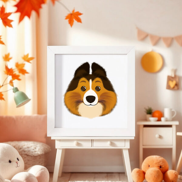 Illustration d’un colley souriant dans un cadre blanc, posé dans une chambre d’enfant.