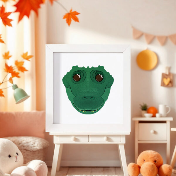 Illustration d’un crocodile souriant dans un cadre blanc, posé dans une chambre d’enfant.