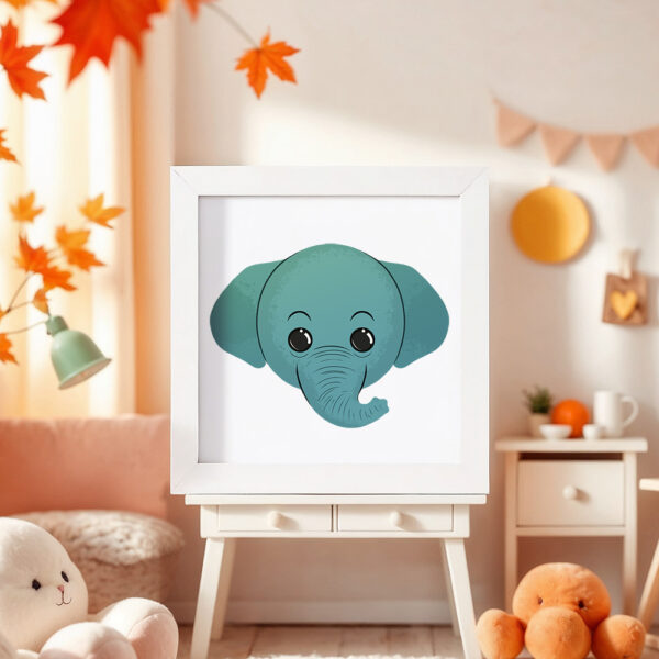 Illustration d’un éléphant souriant dans un cadre blanc, posé dans une chambre d’enfant.