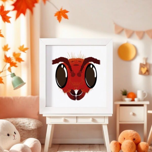Illustration d’un fourmi souriante dans un cadre blanc, posé dans une chambre d’enfant.