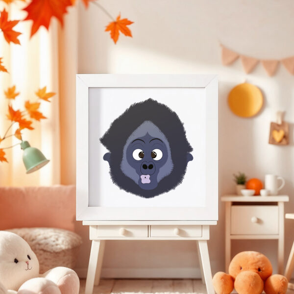 Illustration d’un gorille faisant la grimace dans un cadre blanc, posé dans une chambre d’enfant.
