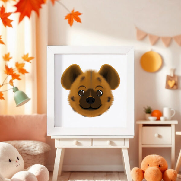 Illustration d’une hyène souriante dans un cadre blanc, posé dans une chambre d’enfant.