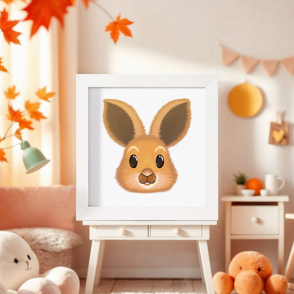Illustration d’un lapin souriant dans un cadre blanc, posé dans une chambre d’enfant.