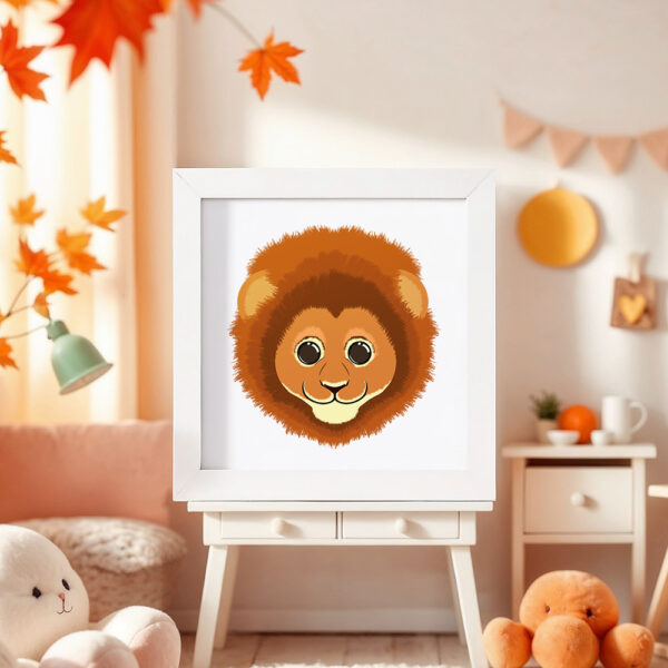 Illustration d’un lion souriant dans un cadre blanc, posé dans une chambre d’enfant.