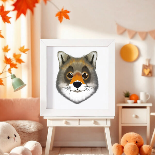 Illustration d’un loup souriant dans un cadre blanc, posé dans une chambre d’enfant.
