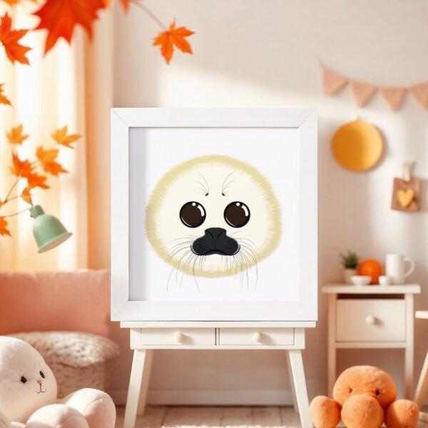 Illustration d’un phoque souriant dans un cadre blanc, posé dans une chambre d’enfant.