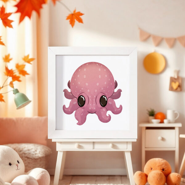 Illustration d’une pieuvre souriante dans un cadre blanc, posé dans une chambre d’enfant.