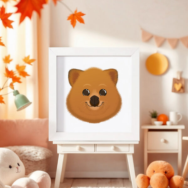 Illustration d’un quokka souriant dans un cadre blanc, posé dans une chambre d’enfant.