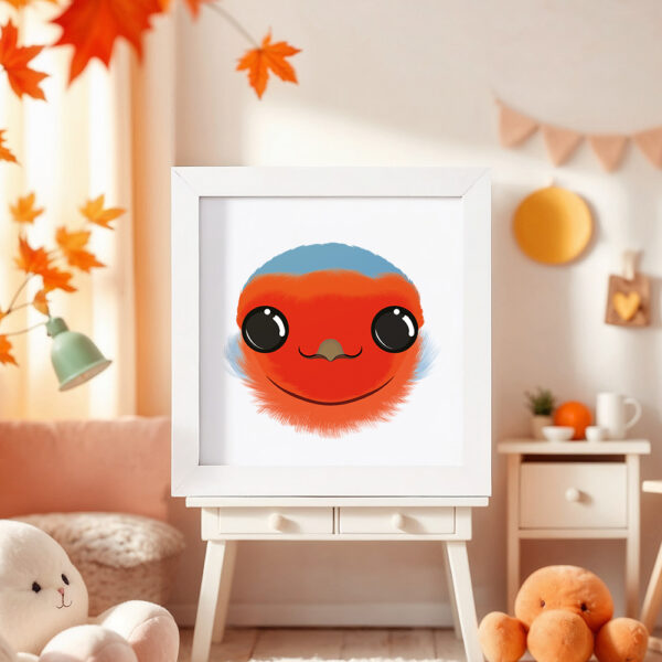 Illustration d’un rouge gorge souriant dans un cadre blanc, posé dans une chambre d’enfant.