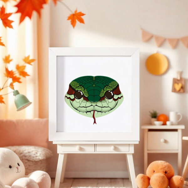 Illustration d’un serpent souriant dans un cadre blanc, posé dans une chambre d’enfant.