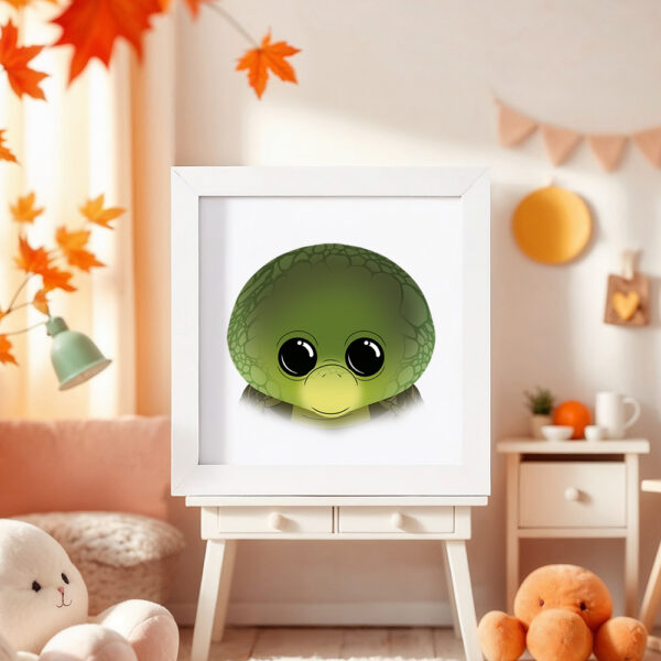 Illustration d’une tortue souriante dans un cadre blanc, posé dans une chambre d’enfant.