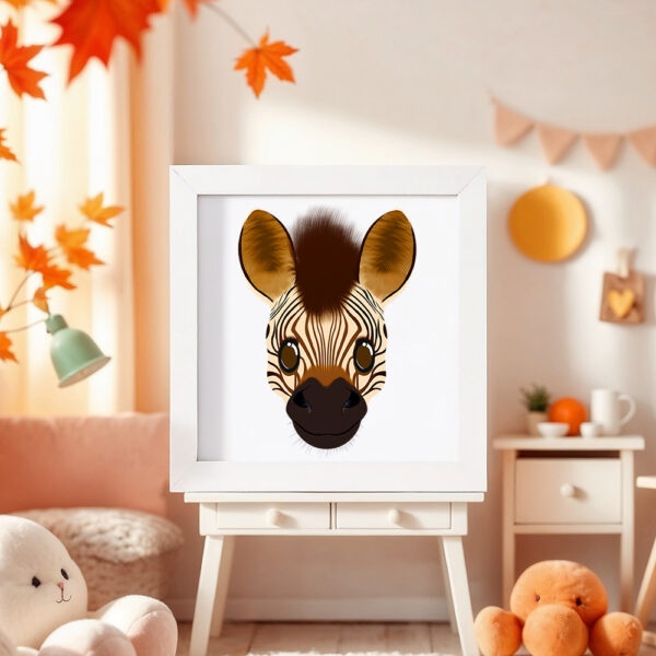 Illustration d’un zèbre souriant dans un cadre blanc, posé dans une chambre d’enfant.