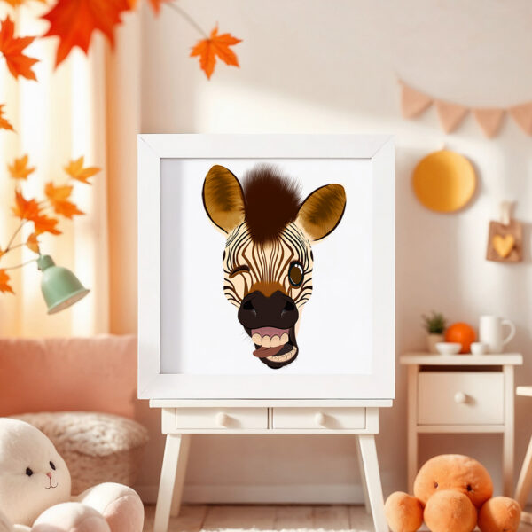Illustration d’un zèbre faisant la grimace dans un cadre blanc, posé dans une chambre d’enfant.