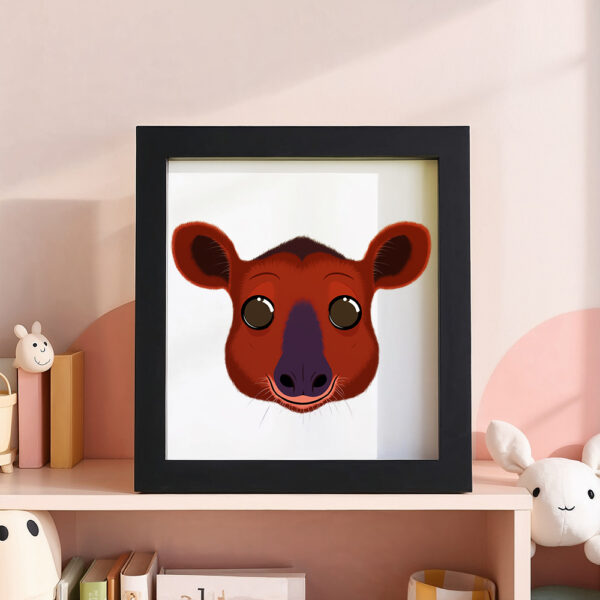 Illustration d’un tapir souriant dans un cadre noir, posé dans une chambre d’enfant.