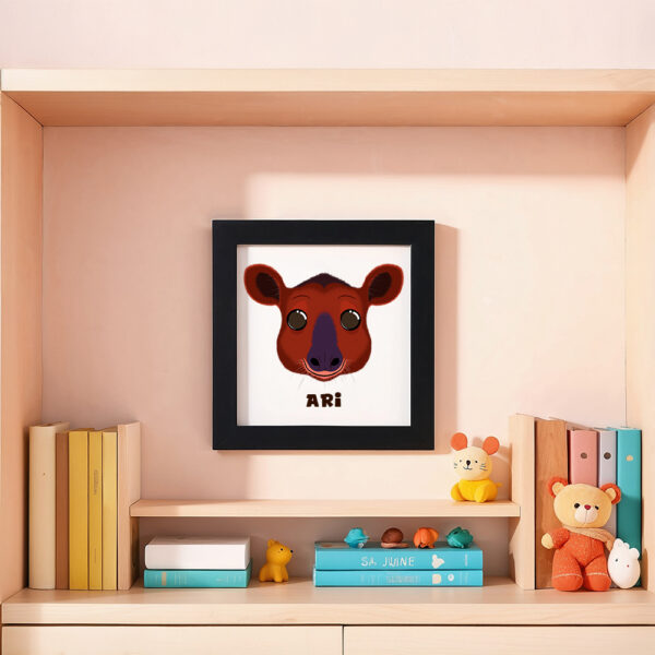 Illustration d’un tapir souriant et le prénom Ari en dessous dans un cadre noir, posé dans une chambre d’enfant.