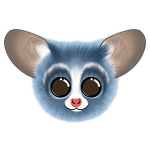 Illustration d’un galago de la collection Doudounimaux, avec un sourire chaleureux et un regard doux et bienveillant.