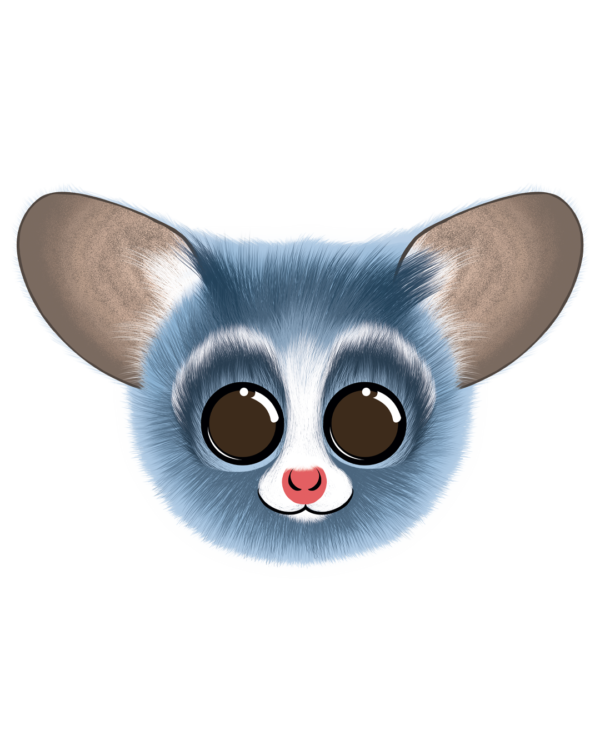 Illustration d’un galago de la collection Doudounimaux, avec un sourire chaleureux et un regard doux et bienveillant.