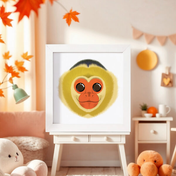 Illustration d’un capucin souriant dans un cadre blanc, posé dans une chambre d’enfant.