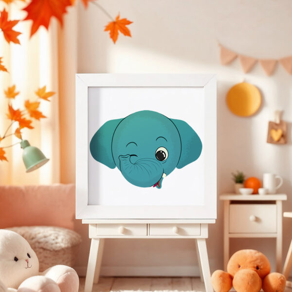 Illustration d’un éléphant faisant la grimace dans un cadre blanc, posé dans une chambre d’enfant.