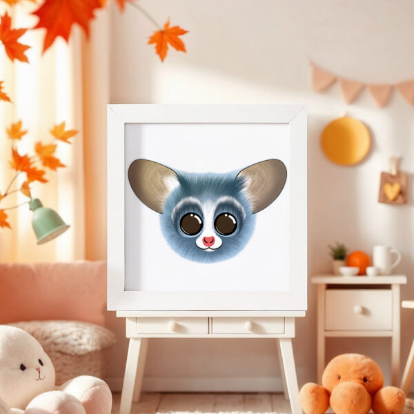 Illustration d’un galago souriant dans un cadre blanc, posé dans une chambre d’enfant.
