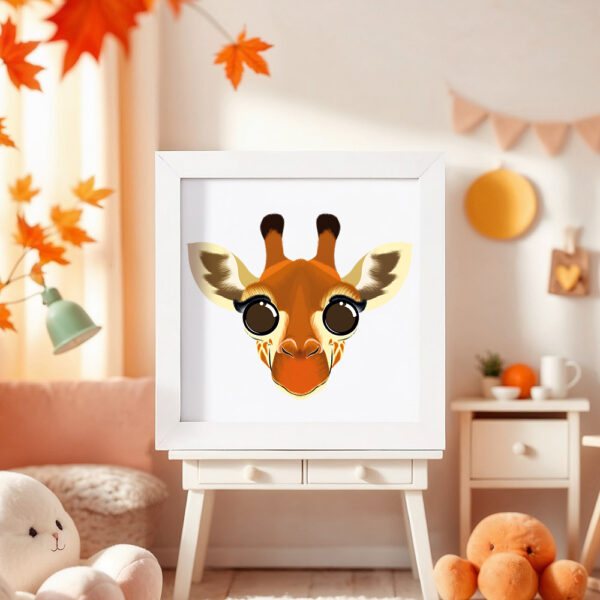 Illustration d’une girafe souriante dans un cadre blanc, posé dans une chambre d’enfant.