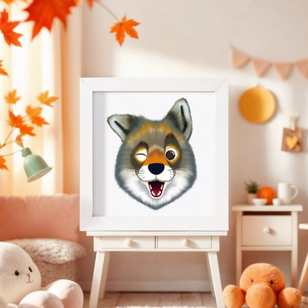 Illustration d’un loup faisant la grimace dans un cadre blanc, posé dans une chambre d’enfant.