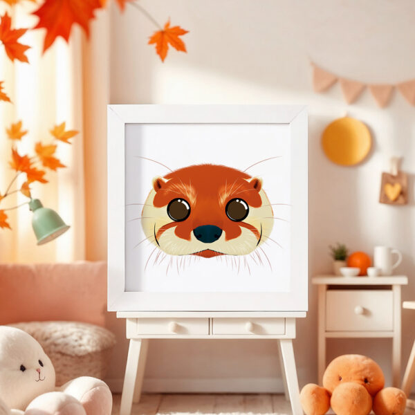 Illustration d’une loutre souriante dans un cadre blanc, posé dans une chambre d’enfant.