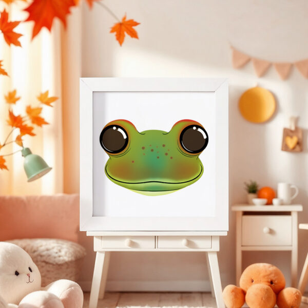 Illustration d’une rainette souriante dans un cadre blanc, posé dans une chambre d’enfant.