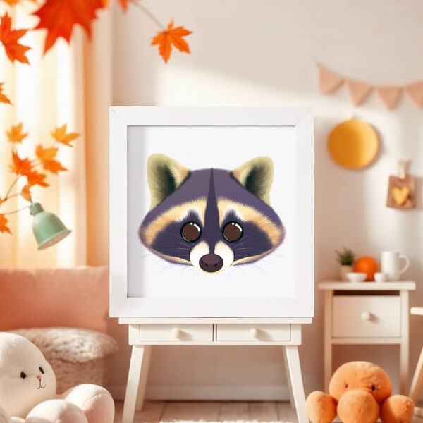 Illustration d’un raton laveur souriant dans un cadre blanc, posé dans une chambre d’enfant.