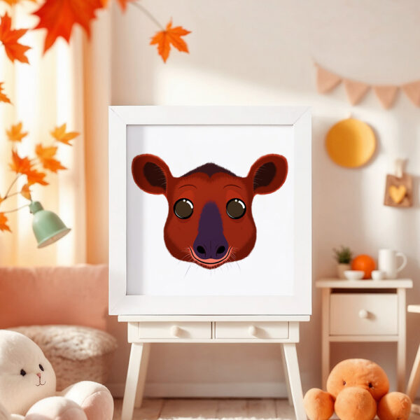 Illustration d’un tapir souriant dans un cadre blanc, posé dans une chambre d’enfant.