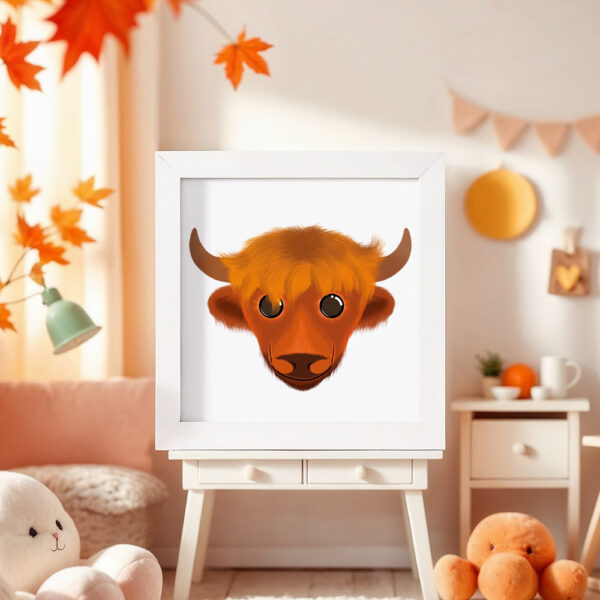 Illustration d’un yak souriant dans un cadre blanc, posé dans une chambre d’enfant.