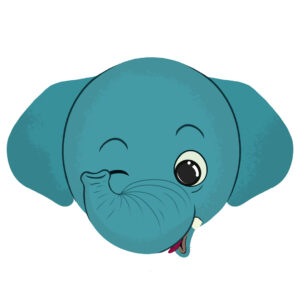 Illustration d’un éléphant grimaçant de la collection Doudounimaux grimace, avec un sourire chaleureux et un regard doux et bienveillant.