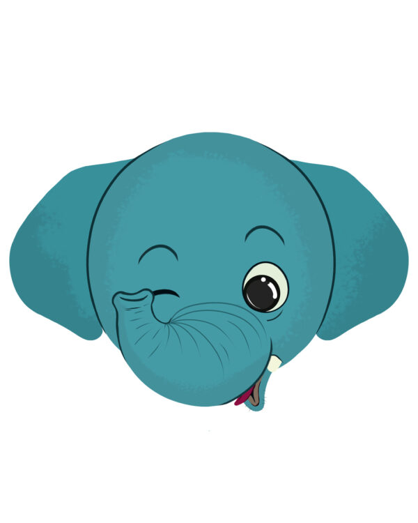 Illustration d’un éléphant grimaçant de la collection Doudounimaux grimace, avec un sourire chaleureux et un regard doux et bienveillant.
