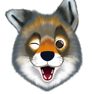 Illustration d’un loup grimaçant de la collection Doudounimaux grimace, avec un sourire chaleureux et un regard doux et bienveillant.