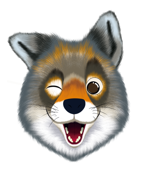 Illustration d’un loup grimaçant de la collection Doudounimaux grimace, avec un sourire chaleureux et un regard doux et bienveillant.